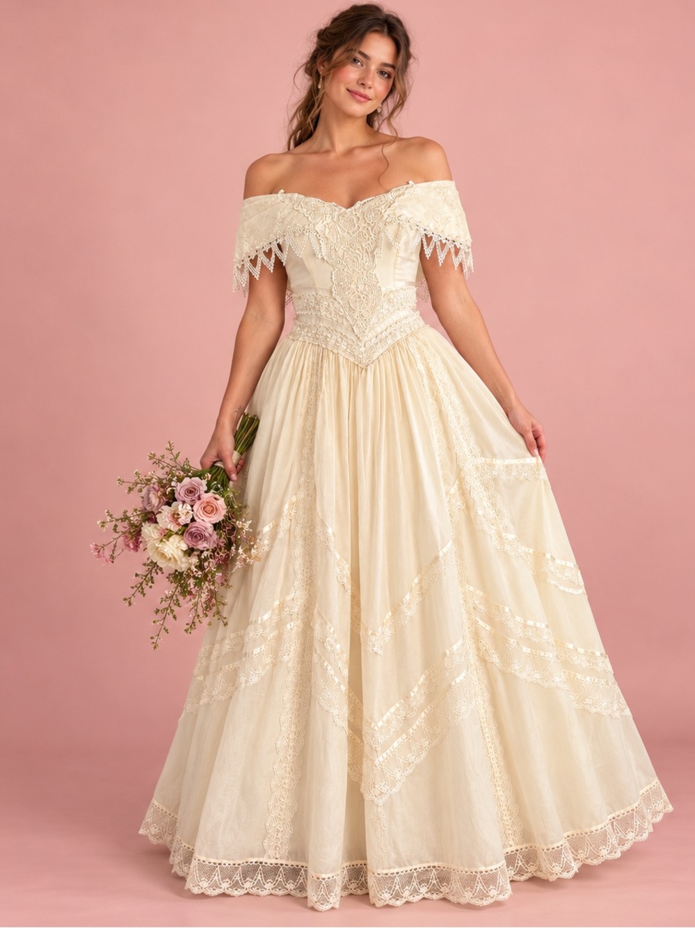 Vintage Jessica McClintock Bridal Ivory Lace Wedding Gown Basque Waist US 4-6 Sm